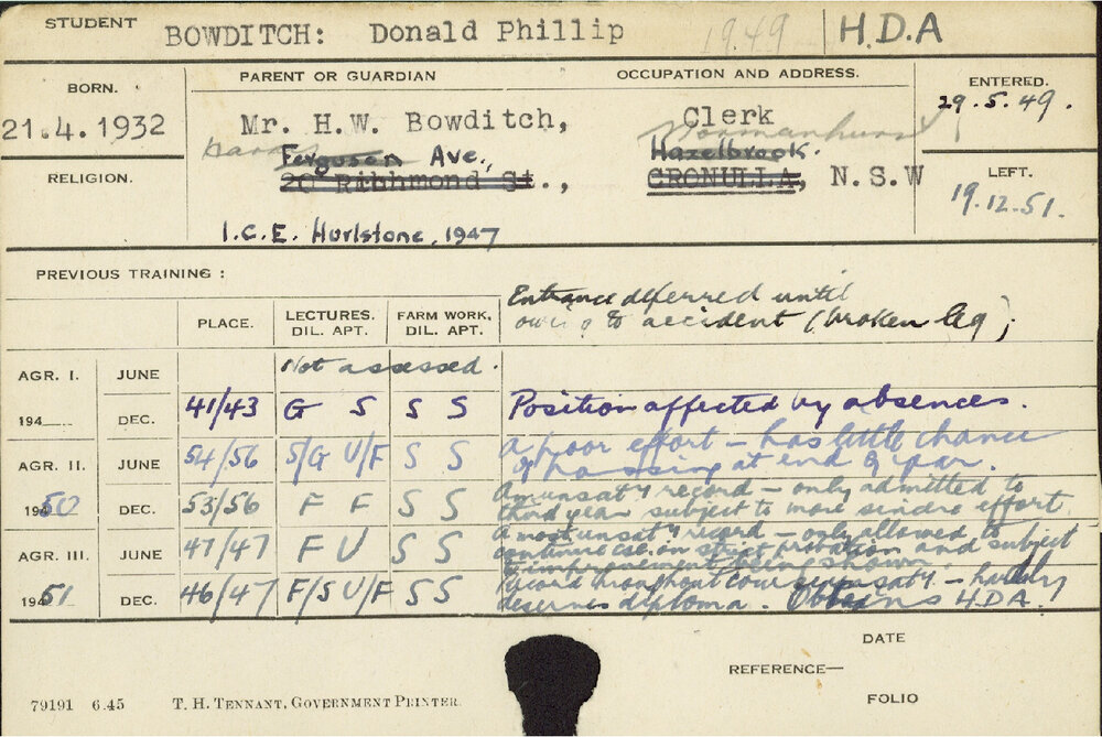 BOWDITCH, Donald Phillip (Hawkesbury Diploma of Agriculture (HDA))