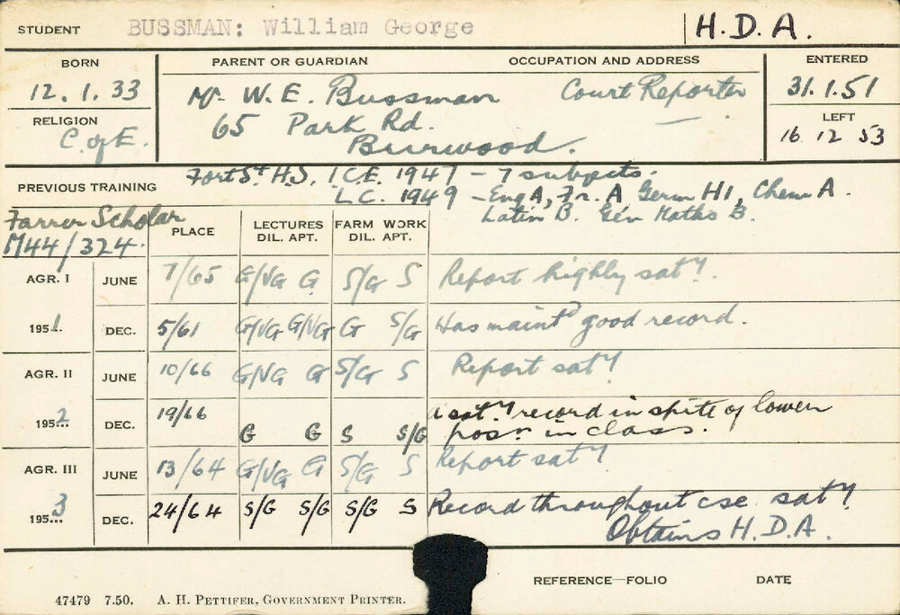 BUSSMAN, William George (Hawkesbury Diploma of Agriculture (HDA))