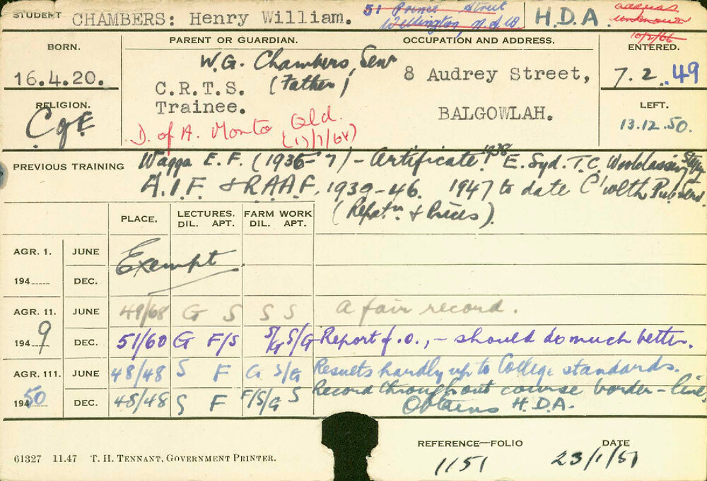 CHAMBERS, Henry William (Hawkesbury Diploma of Agriculture (HDA))