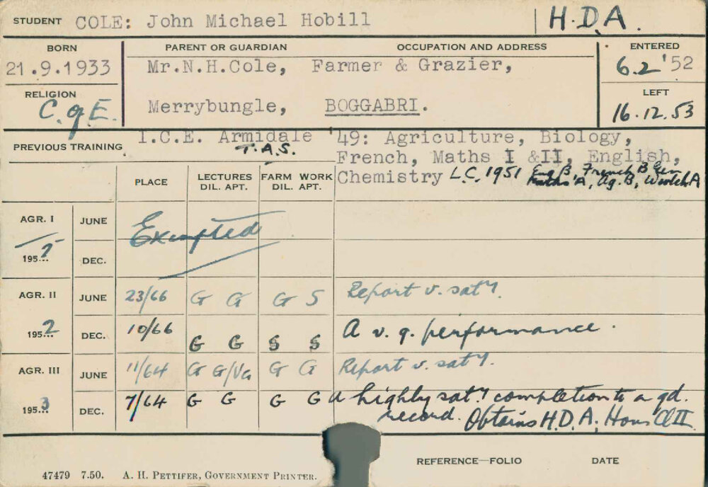 COLE, John Michael Hobill (Hawkesbury Diploma of Agriculture (HDA))