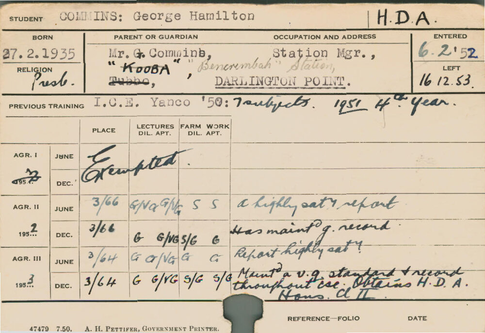 COMMINS, George Hamilton (Hawkesbury Diploma of Agriculture (HDA))