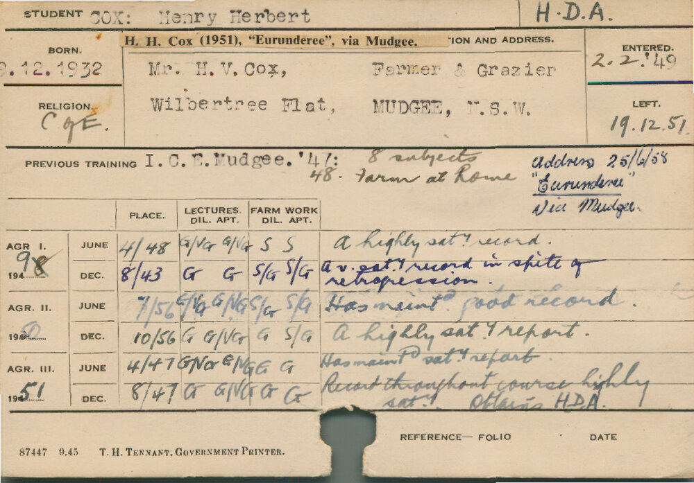 COX, Henry Herbert (Hawkesbury Diploma of Agriculture (HDA))