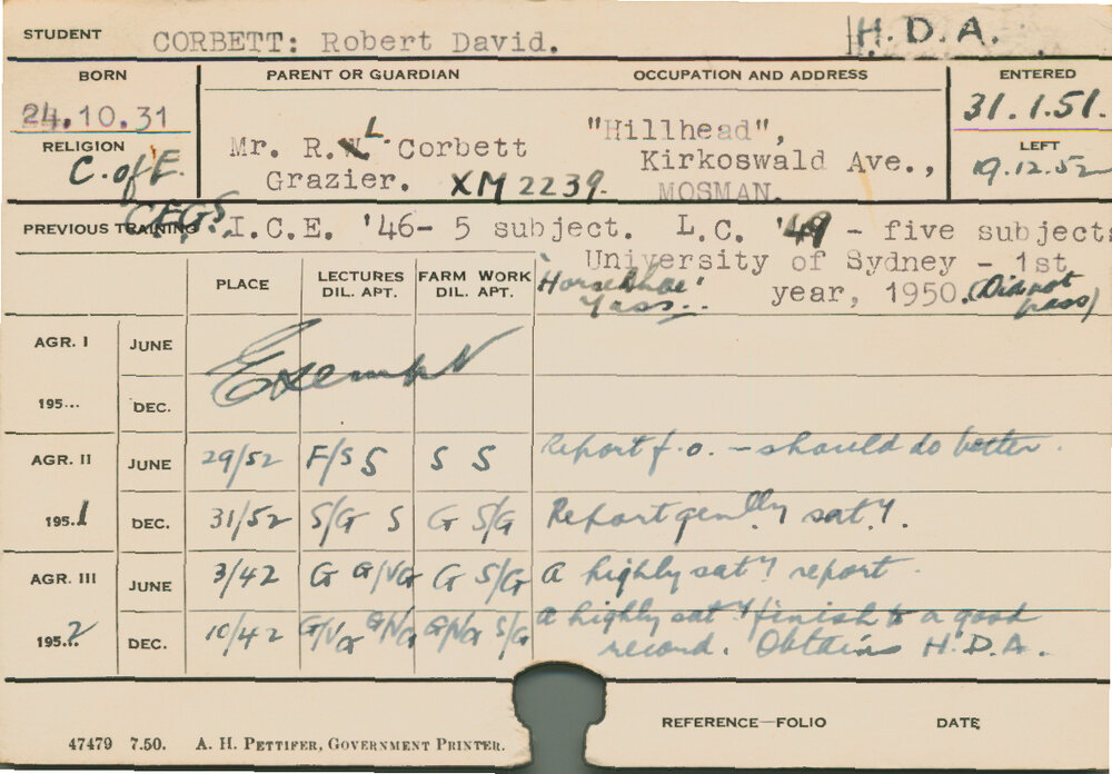 CORBETT, Robert David (Hawkesbury Diploma of Agriculture (HDA))