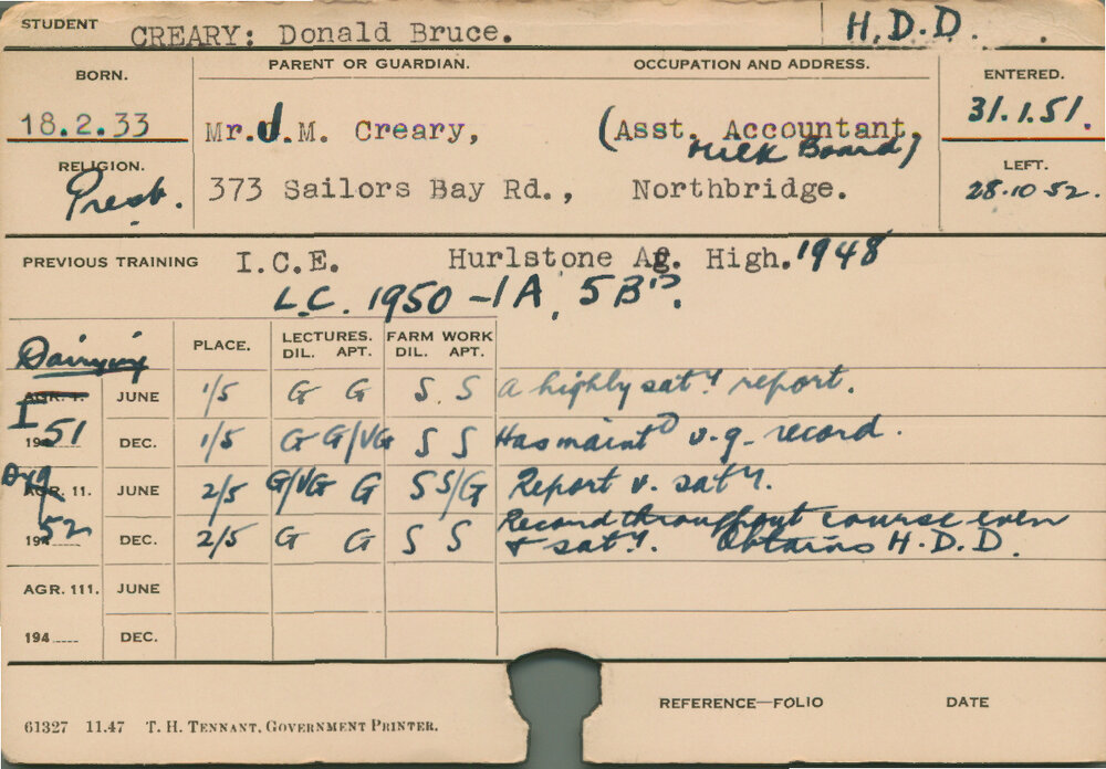 CREARY, Donald Bruce (Hawkesbury Diploma in Dairy (HDD))