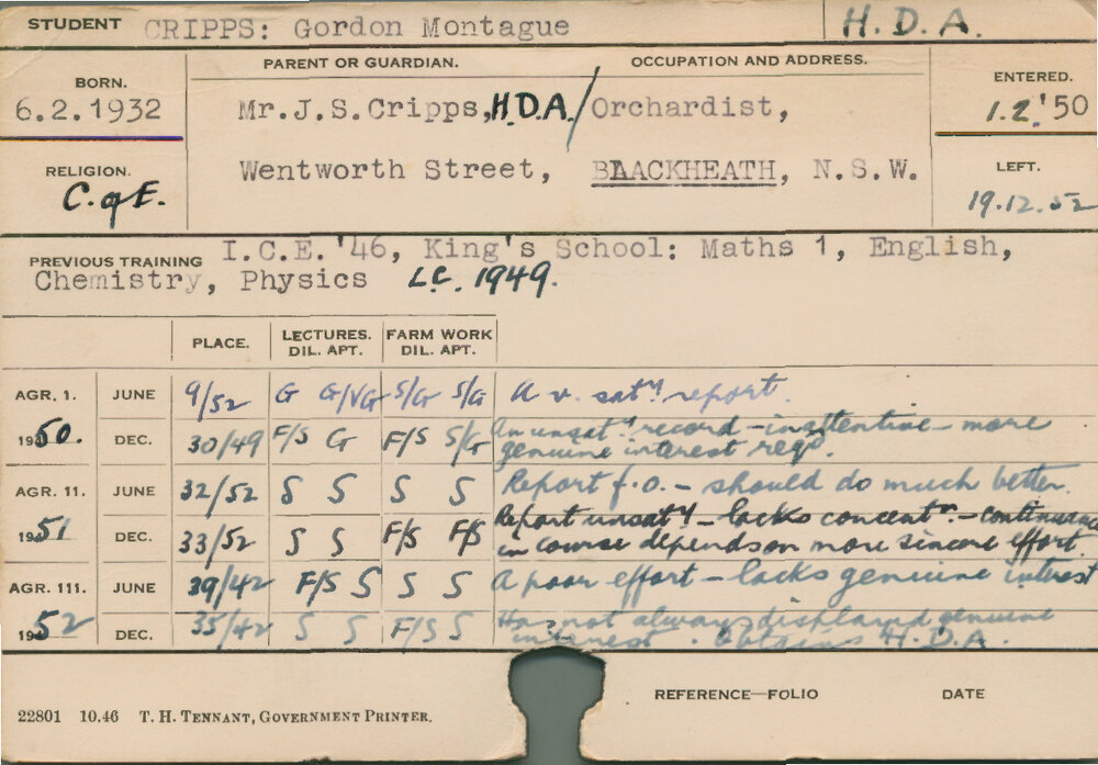 CRIPPS, Gordon Montague (Hawkesbury Diploma of Agriculture (HDA))