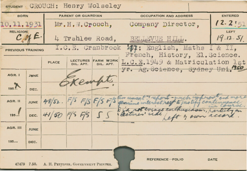 CROUCH, Henry Wolseley (Course Not Identified)