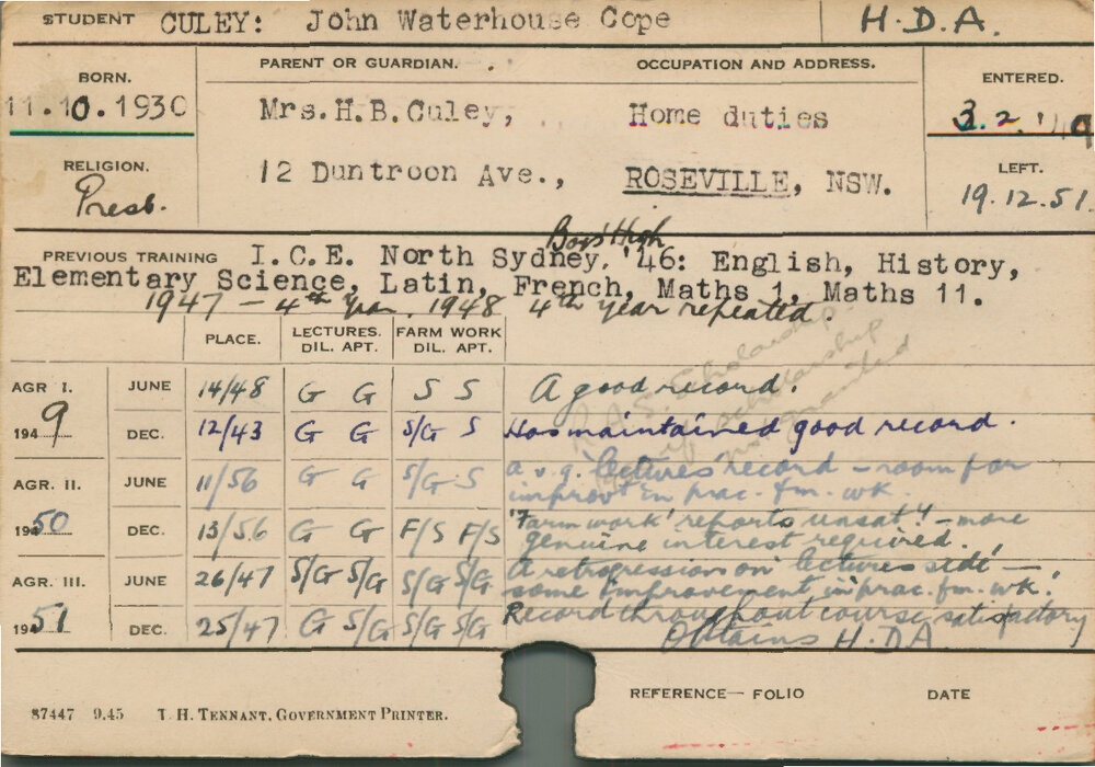 CULEY, John Waterhouse Cope (Hawkesbury Diploma of Agriculture (HDA))