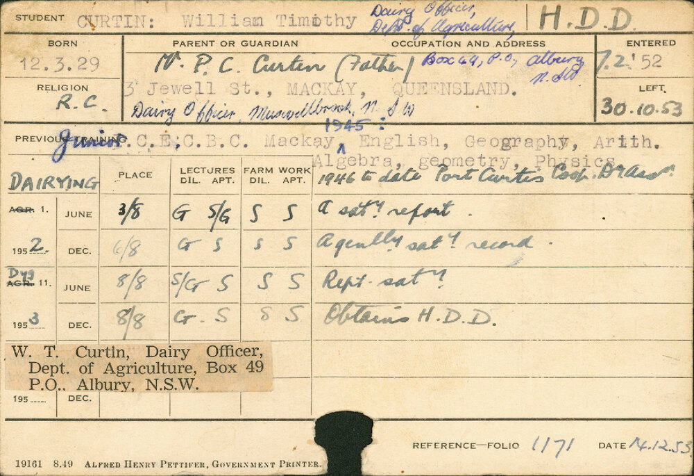 CURTIN, William Timothy (Hawkesbury Diploma in Dairy (HDD))