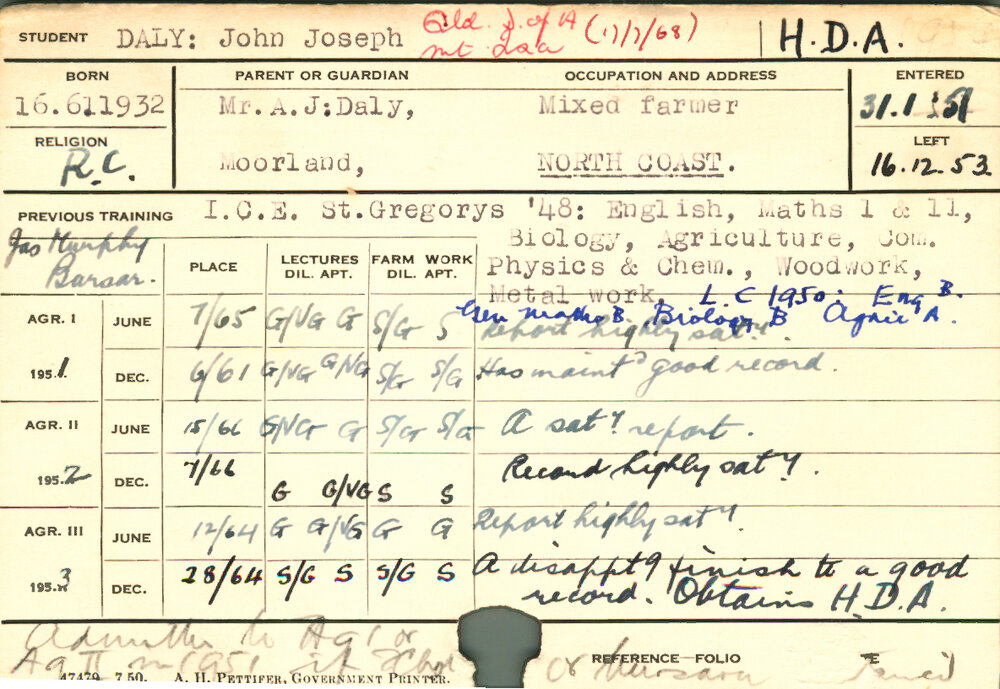 DALY, John Joseph (Hawkesbury Diploma of Agriculture (HDA))