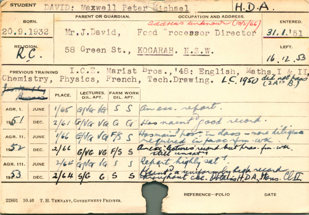 DAVID, Maxwell Peter Michael (Hawkesbury Diploma of Agriculture (HDA))