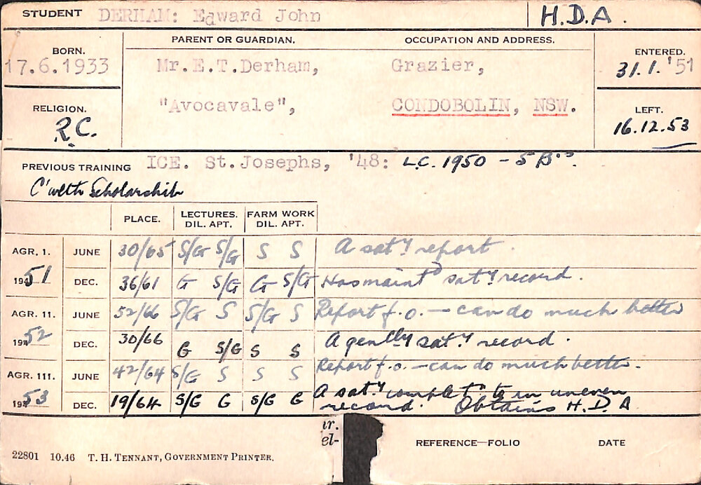 DERHAM, Edward John (Hawkesbury Diploma of Agriculture (HDA))