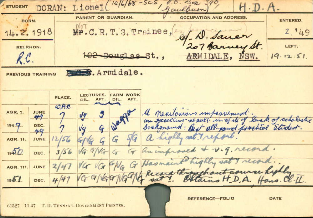 DORAN, Lionel (Hawkesbury Diploma of Agriculture (HDA))