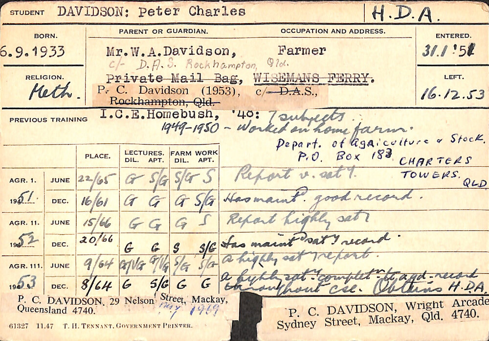 DAVIDSON, Peter Charles (Hawkesbury Diploma of Agriculture (HDA))