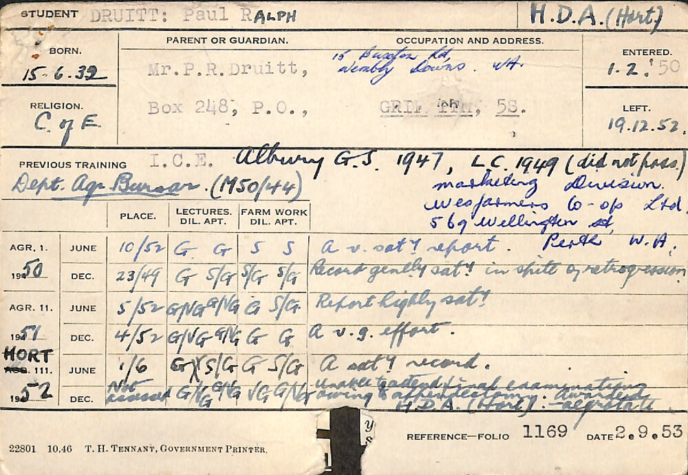 DRUITT, Paul Ralph (Hawkesbury Diploma of Agriculture (HDA) (Horticulture))