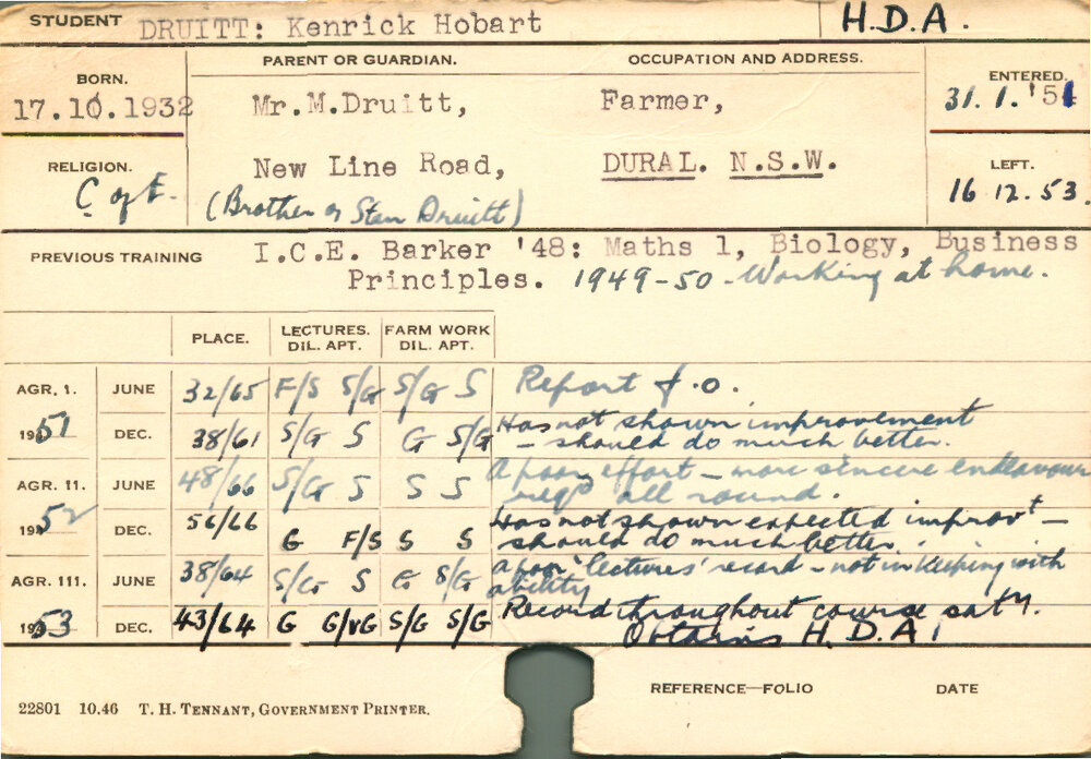 DRUITT, Kendrick Hobart (Hawkesbury Diploma of Agriculture (HDA))