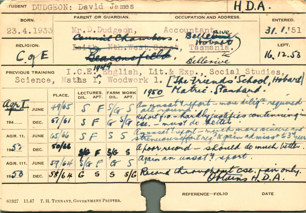 DUDGEON, David James (Hawkesbury Diploma of Agriculture (HDA))