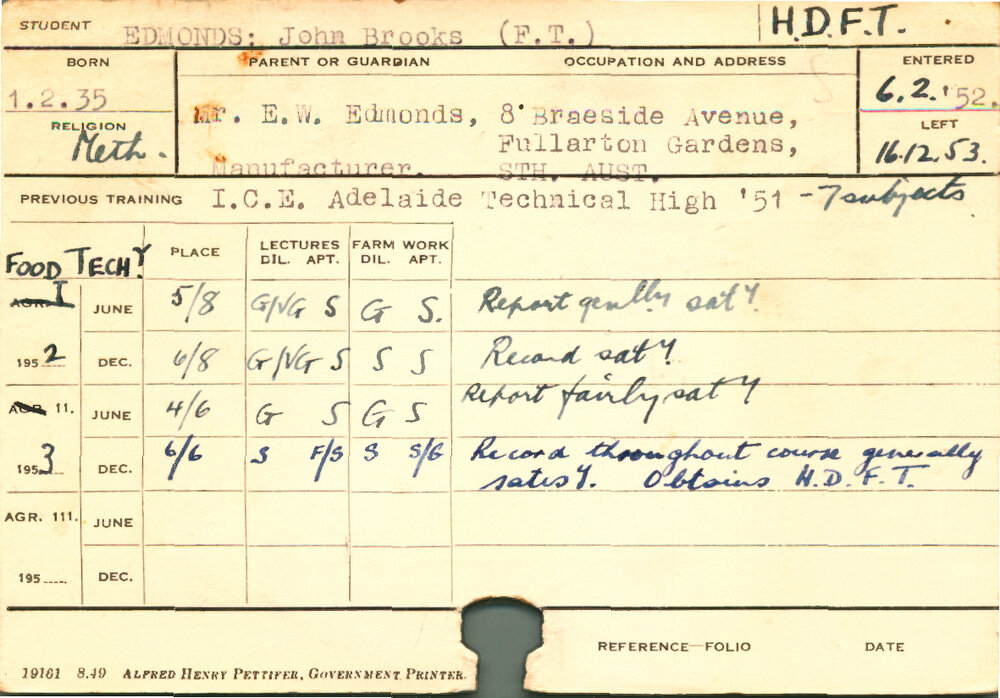 EDMONDS, John Brooks (Hawkesbury Diploma in Food Technology (HDFT))
