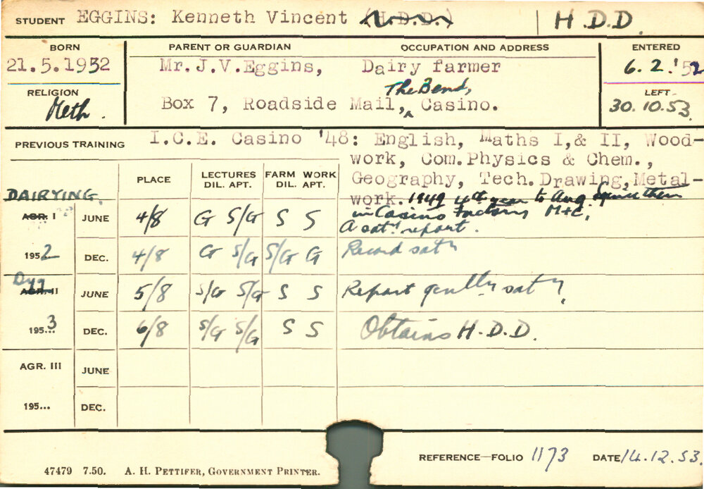 EGGINS, Kenneth Vincent (Hawkesbury Diploma in Dairy (HDD))