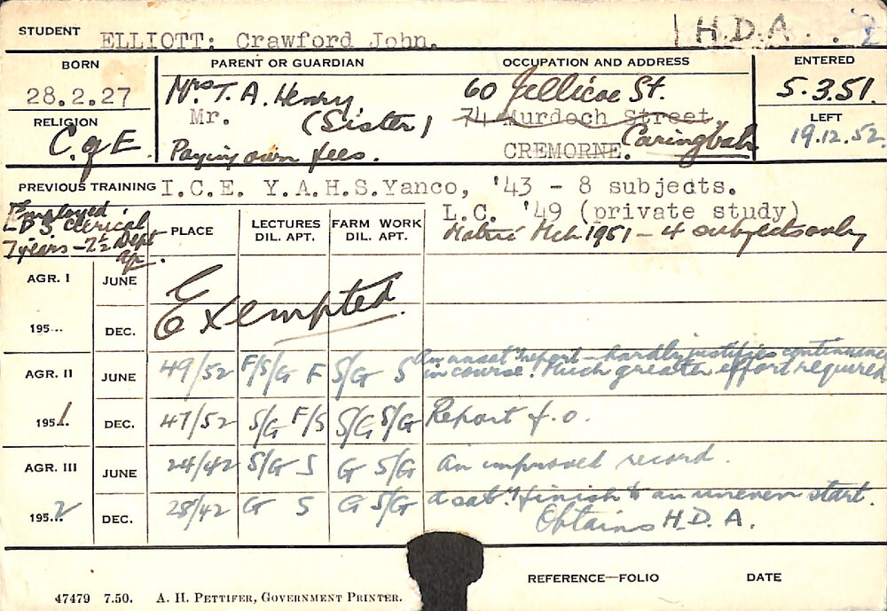 ELLIOTT, Crawford John (Hawkesbury Diploma of Agriculture (HDA))