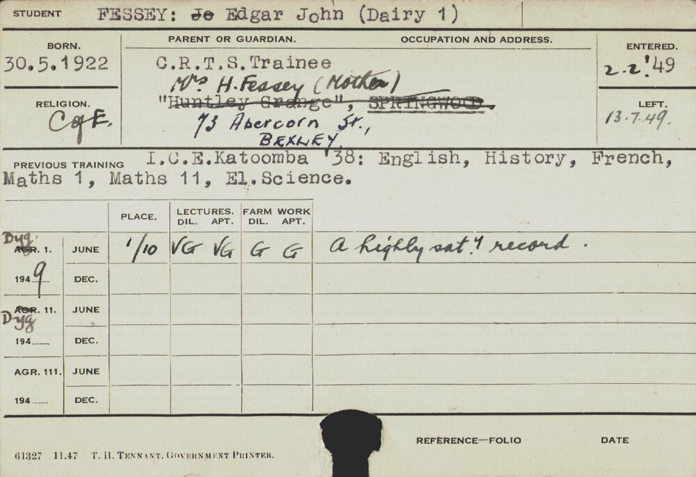 FESSEY, Edgar John (Hawkesbury Diploma in Dairy (HDD) - First Year)