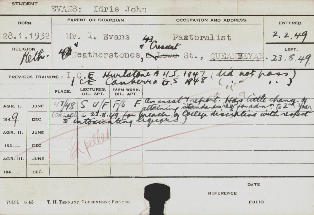 EVANS, Idris John (Hawkesbury Diploma of Agriculture (HDA))