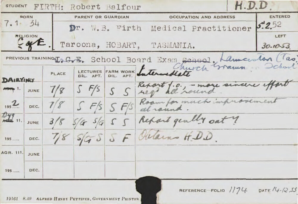 FIRTH, Robert Balfour (Hawkesbury Diploma in Dairy (HDD))