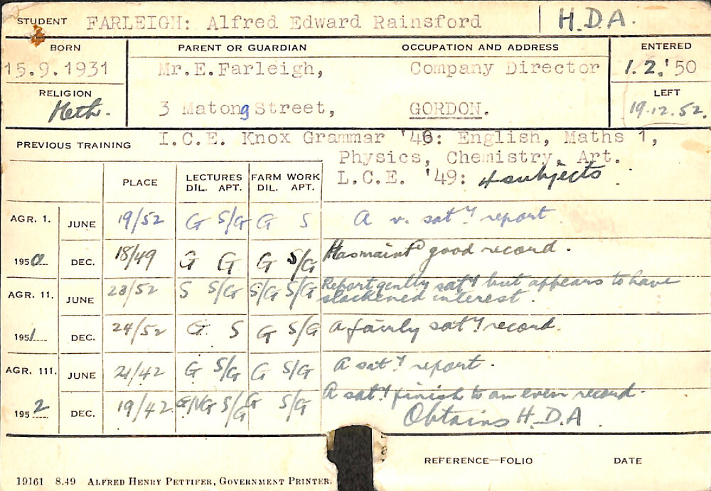 FARLEIGH, Alfred Edward Rainsford (Hawkesbury Diploma of Agriculture (HDA))