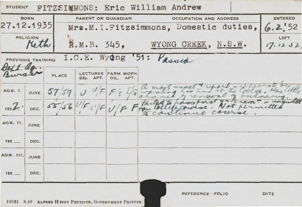FITZSIMMONS, Eric William Andrew (Hawkesbury Diploma of Agriculture (HDA))