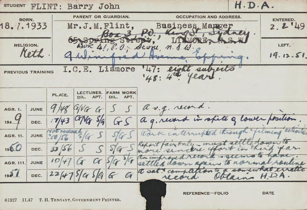 FLINT, Barry John (Hawkesbury Diploma of Agriculture (HDA))