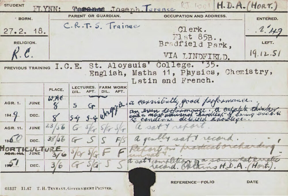 FLYNN, Joseph Terence (Hawkesbury Diploma of Agriculture (HDA) (Horticulture))