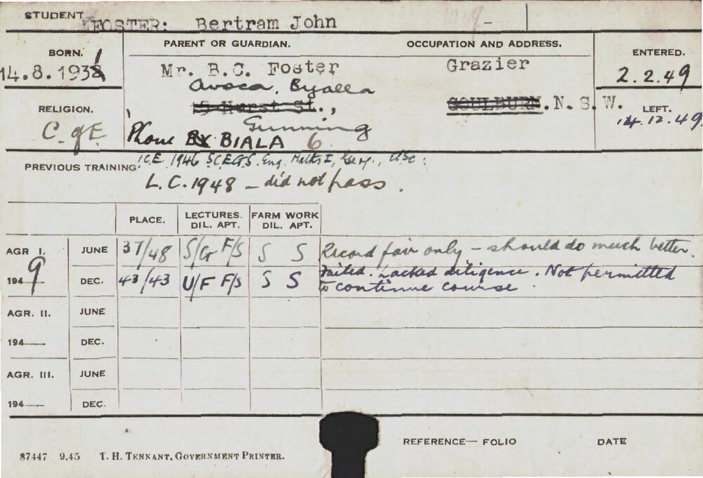 FOSTER, Bertram John (Hawkesbury Diploma of Agriculture (HDA))