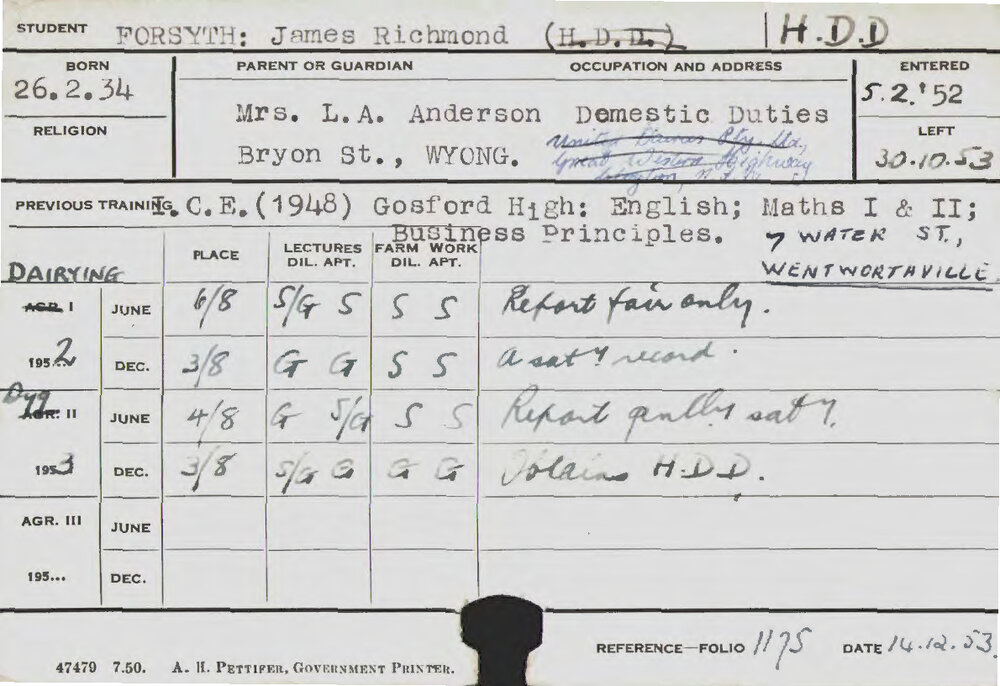 FORSYTH, James Richmond (Hawkesbury Diploma in Dairy (HDD))