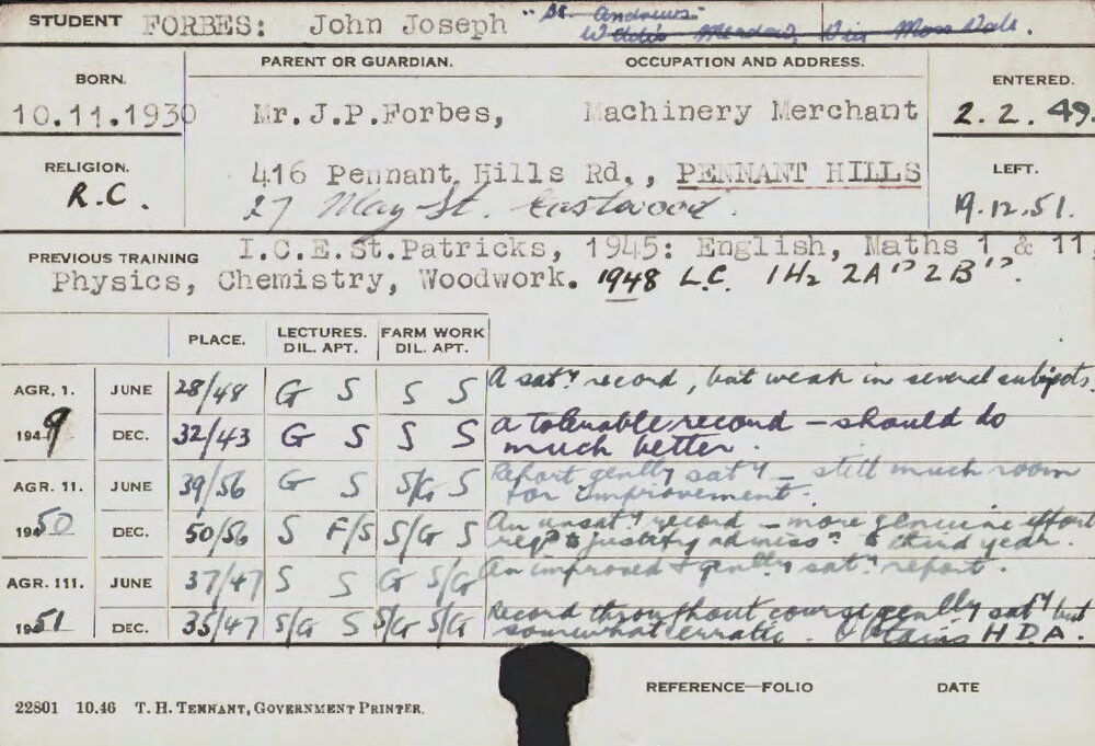 FORBES, John Joseph (Hawkesbury Diploma of Agriculture (HDA))