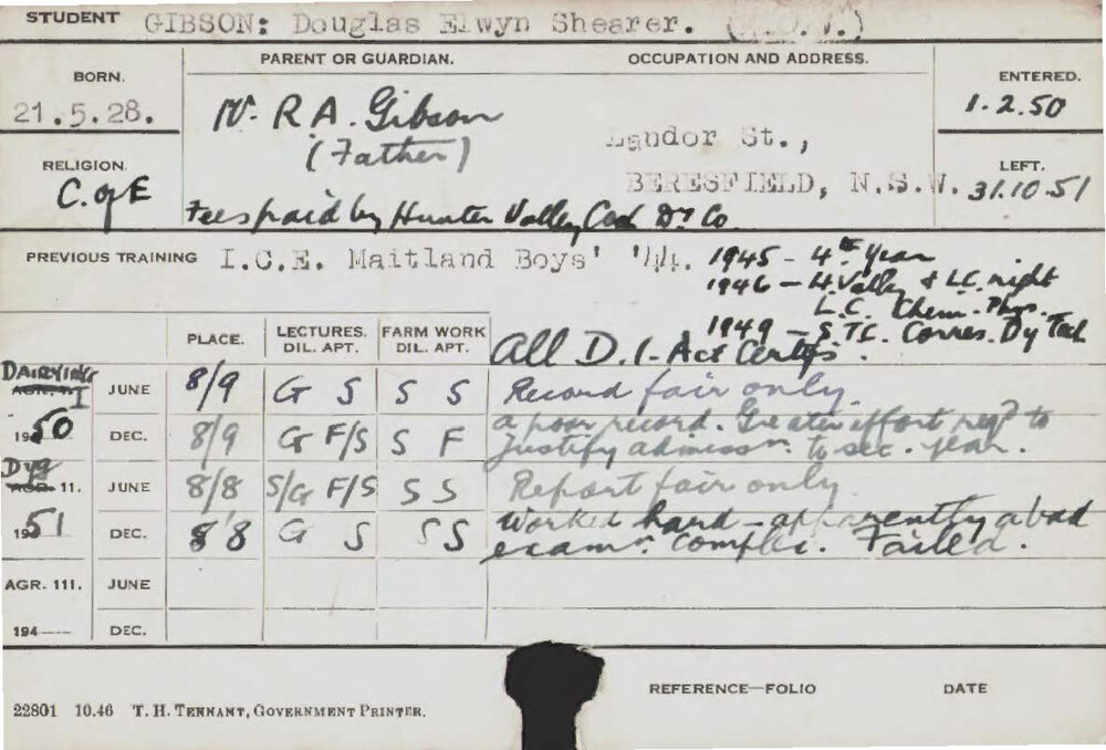 GIBSON, Douglas Elwyn Shearer (Hawkesbury Diploma in Dairy (HDD))