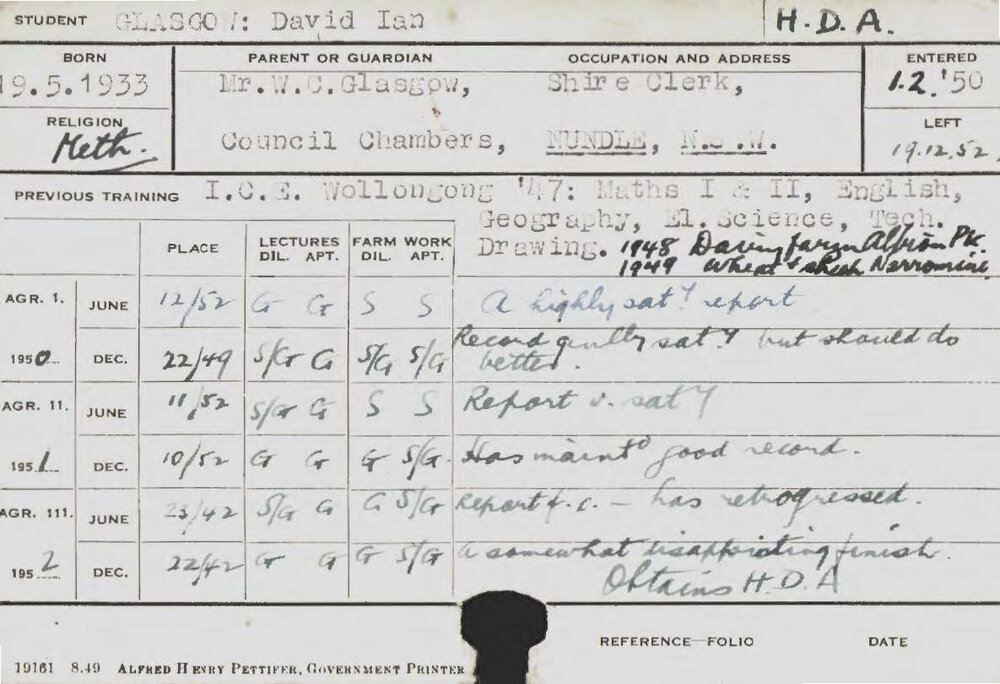 GLASGOW, David Ian (Hawkesbury Diploma of Agriculture (HDA))