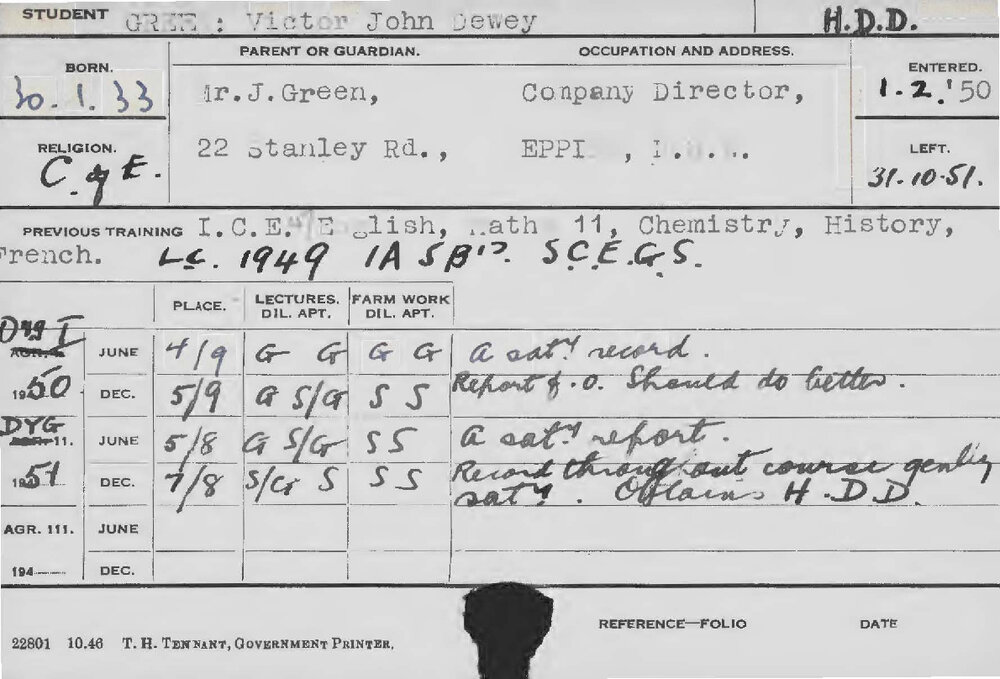 GREEN, Victor John Dewey (Hawkesbury Diploma in Dairy (HDD))