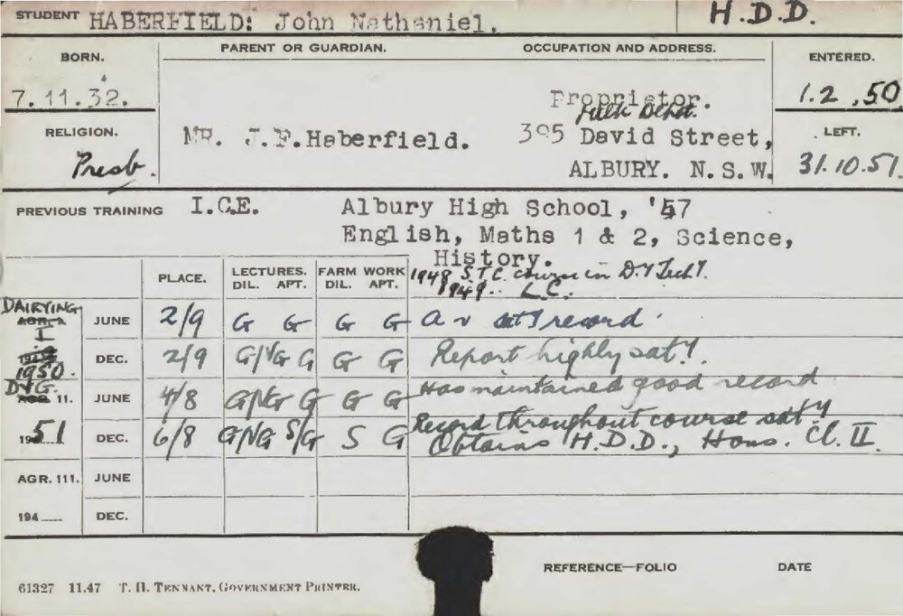 HABERFIELD, John Nathaniel (Hawkesbury Diploma in Dairy (HDD))