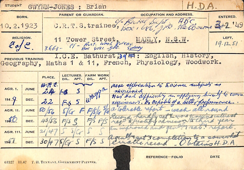 GWYNN-JONES, Brian (Hawkesbury Diploma of Agriculture (HDA))