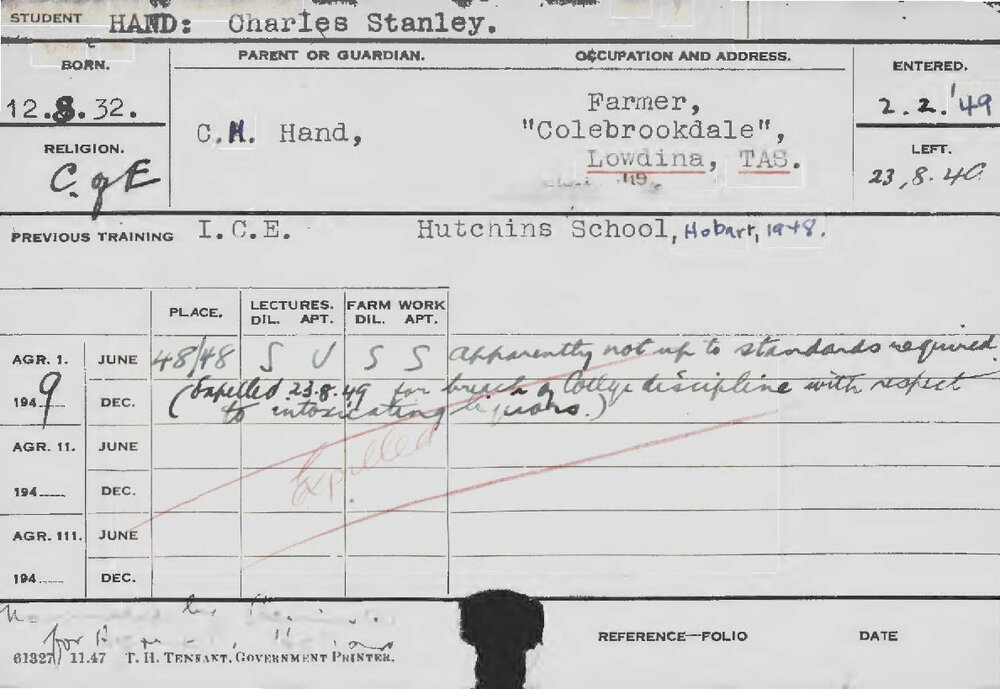 HAND, Charles Stanley (Course Not Identified)