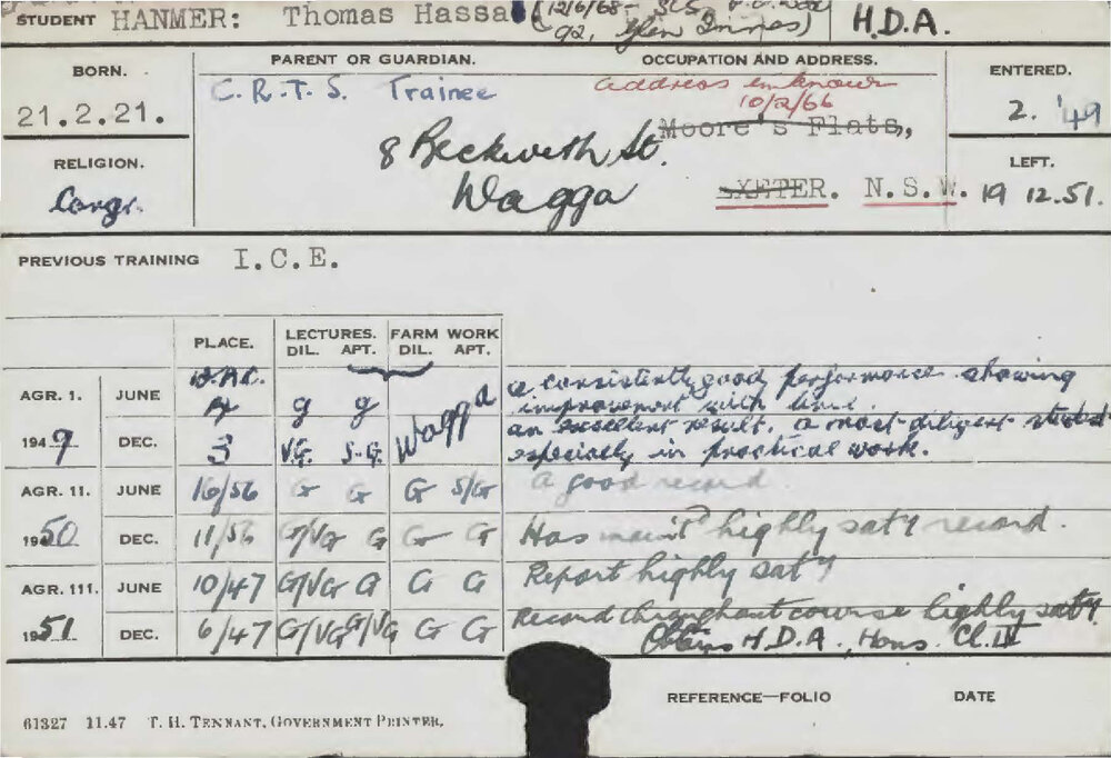 HANMER, Thomas Hassal (Hawkesbury Diploma of Agriculture (HDA))