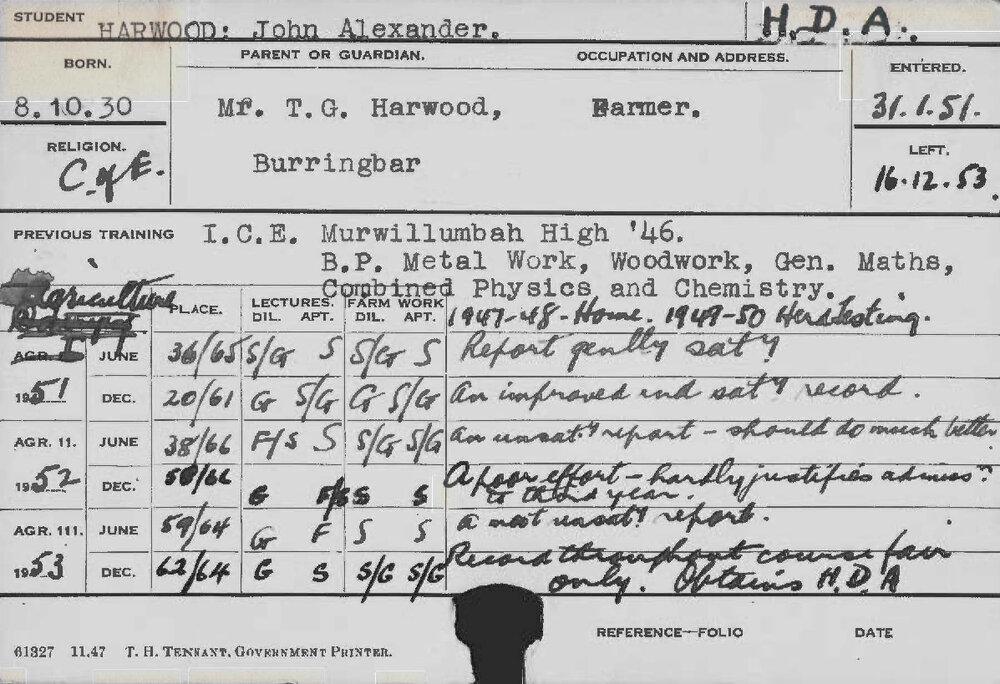 HARWOOD, John Alexander (Hawkesbury Diploma of Agriculture (HDA))