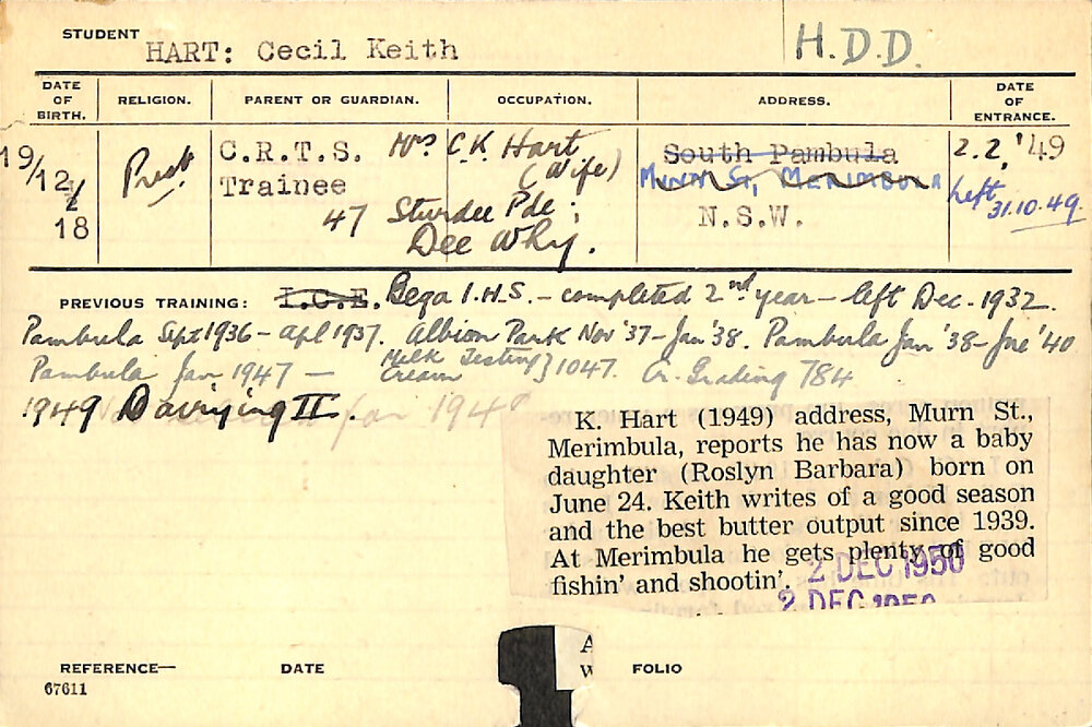 HART, Cecil Keith (Hawkesbury Diploma in Dairy (HDD))
