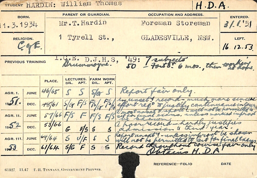 HARDIN, William Thomas (Hawkesbury Diploma of Agriculture (HDA))