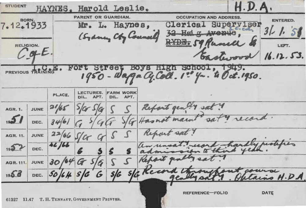 HAYNES, Harold Leslie (Hawkesbury Diploma of Agriculture (HDA))