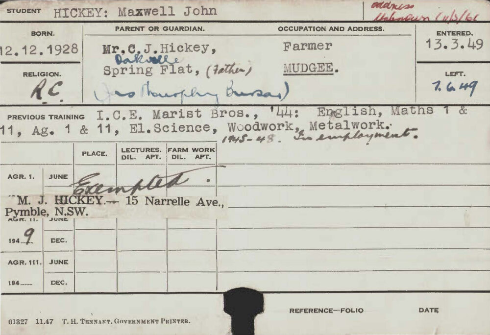 HICKEY, Maxwell John (Course Not Identified)