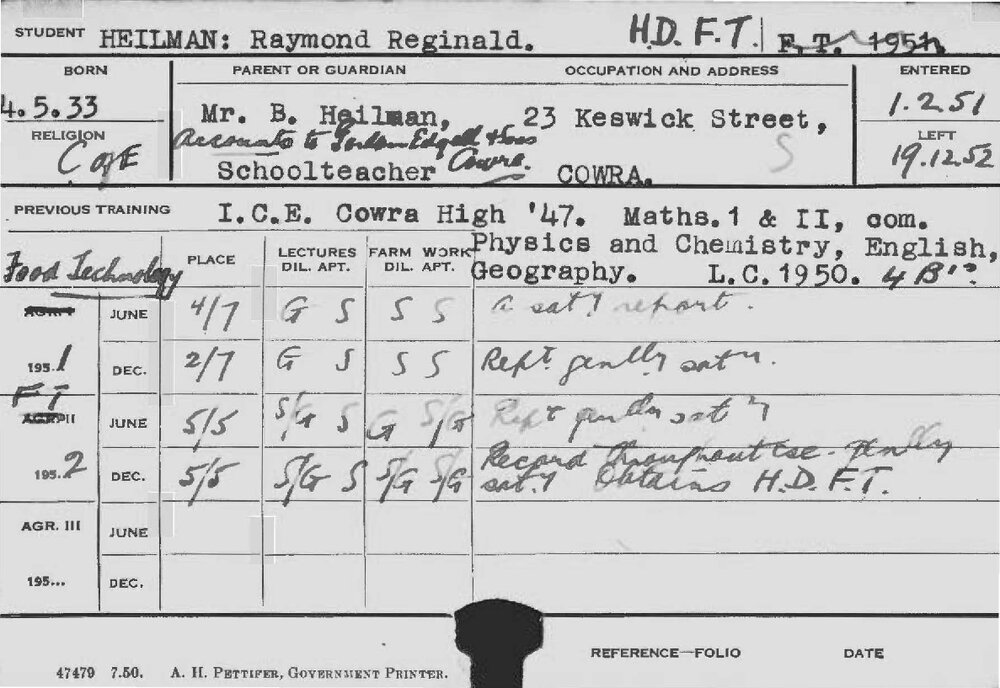 HEILMAN, Raymond Reginald (Hawkesbury Diploma in Food Technology (HDFT))