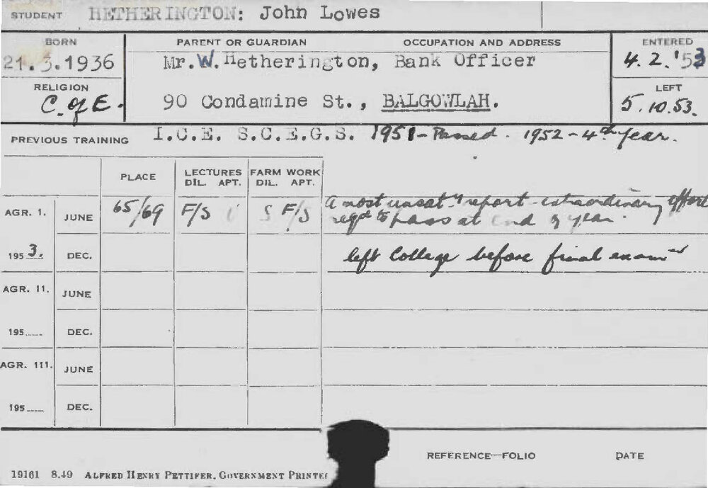 HETHERINGTON, John Lowes (Course Not Identified)