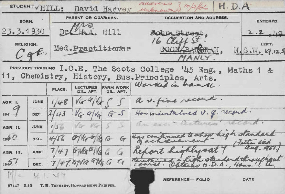 HILL, David Harvey (Hawkesbury Diploma of Agriculture (HDA))