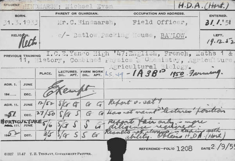 HINDMARSH, Michael Evan (Hawkesbury Diploma of Agriculture (HDA) (Horticulture))