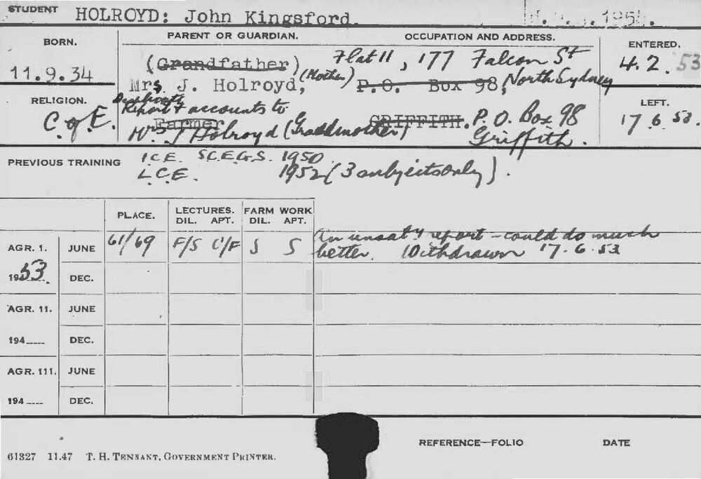 HOLROYD, John Kingsford (Hawkesbury Diploma of Agriculture (HDA))